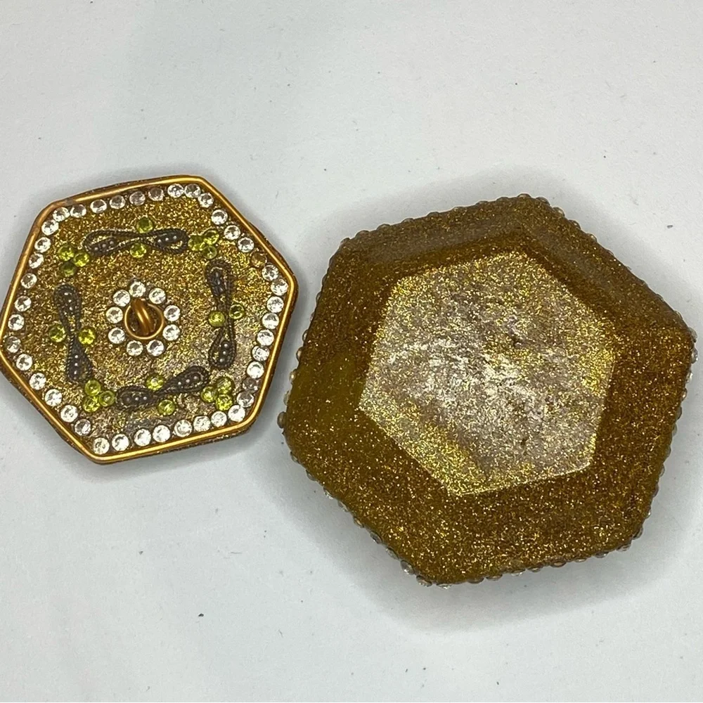 Vintage Gold Sparkly Enameled Bejeweled Trinket Jewelry Box Moroccan Mosaic